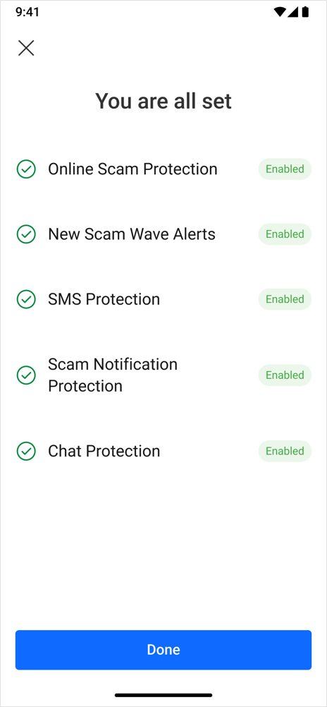 Configurar Scam Copilot - Android. Concluído