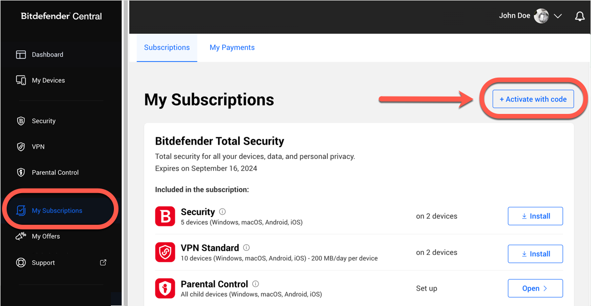 As minhas subscrições - prolongar a subscrição do Bitdefender